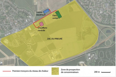 Figure 2. Organisation spatiale du réseau de chaleur du Val d’Europe – Image satellitaire en fond tirée de Google Earth