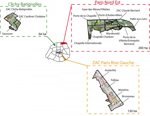 Figure 1. Les trois projets urbains étudiés et leur découpage opérationnel