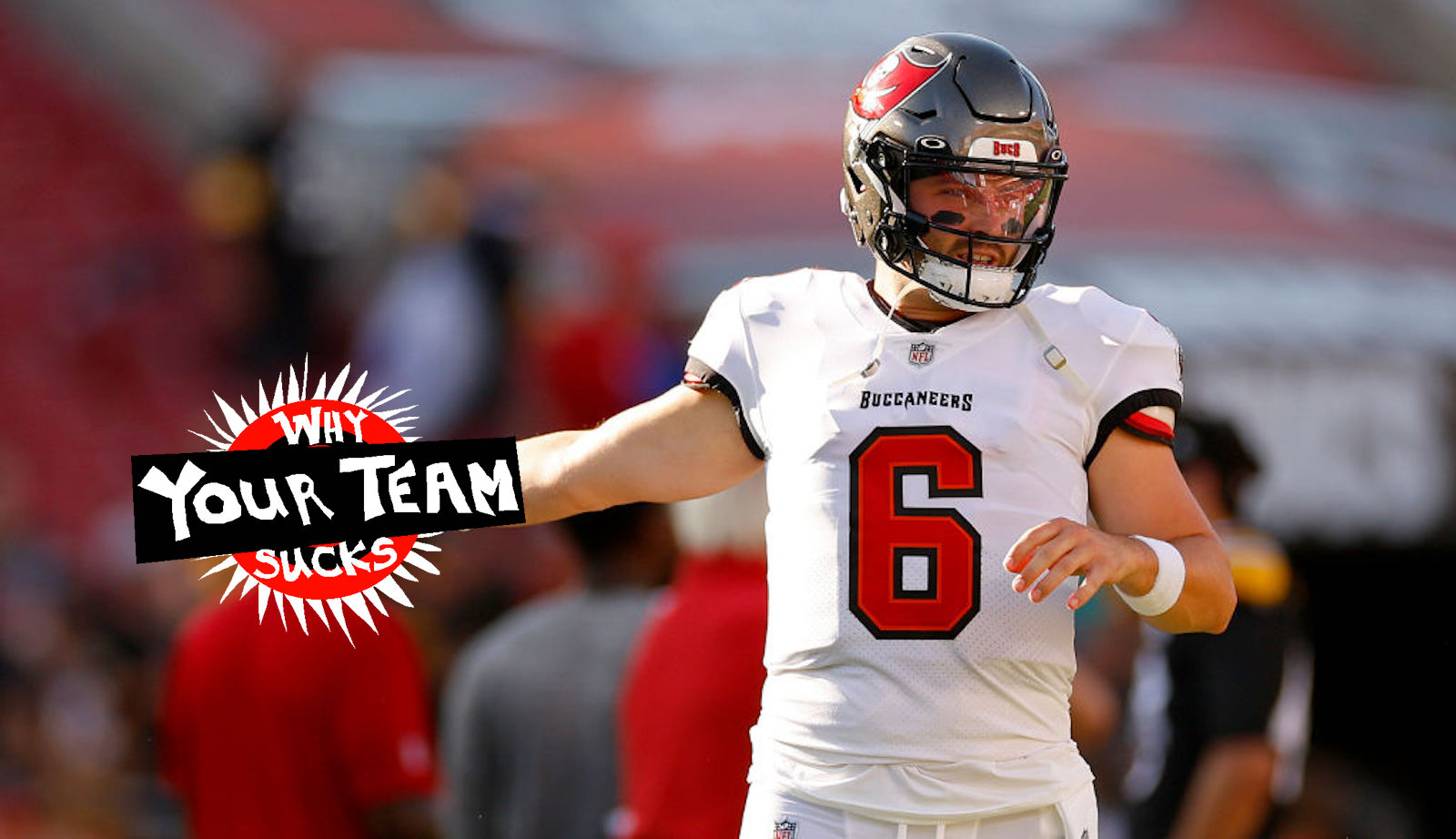 Baker Mayfield #6 of the Tampa Bay Buccaneers warms up during a preseason game against the Pittsburgh Steelers at Raymond James Stadium on August 11, 2023 in Tampa, Florida.