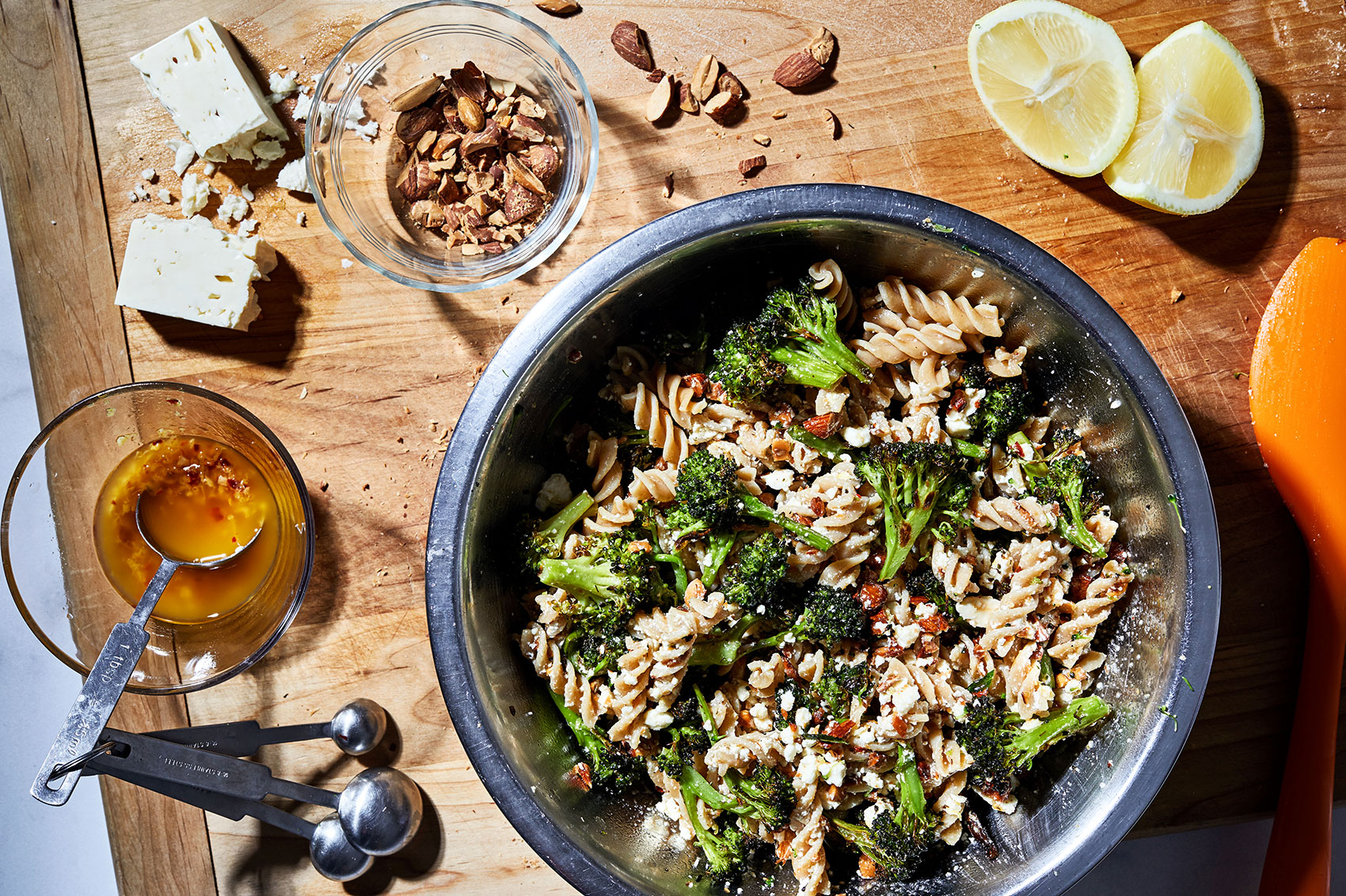 a big pasta salad on a cutting board