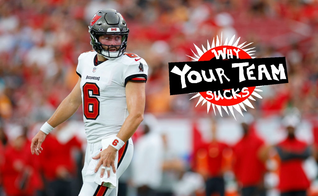 Baker Mayfield #6 of the Tampa Bay Buccaneers looks to pass in the first half during a preseason game against the Miami Dolphins at Raymond James Stadium on August 23, 2024 in Tampa, Florida.