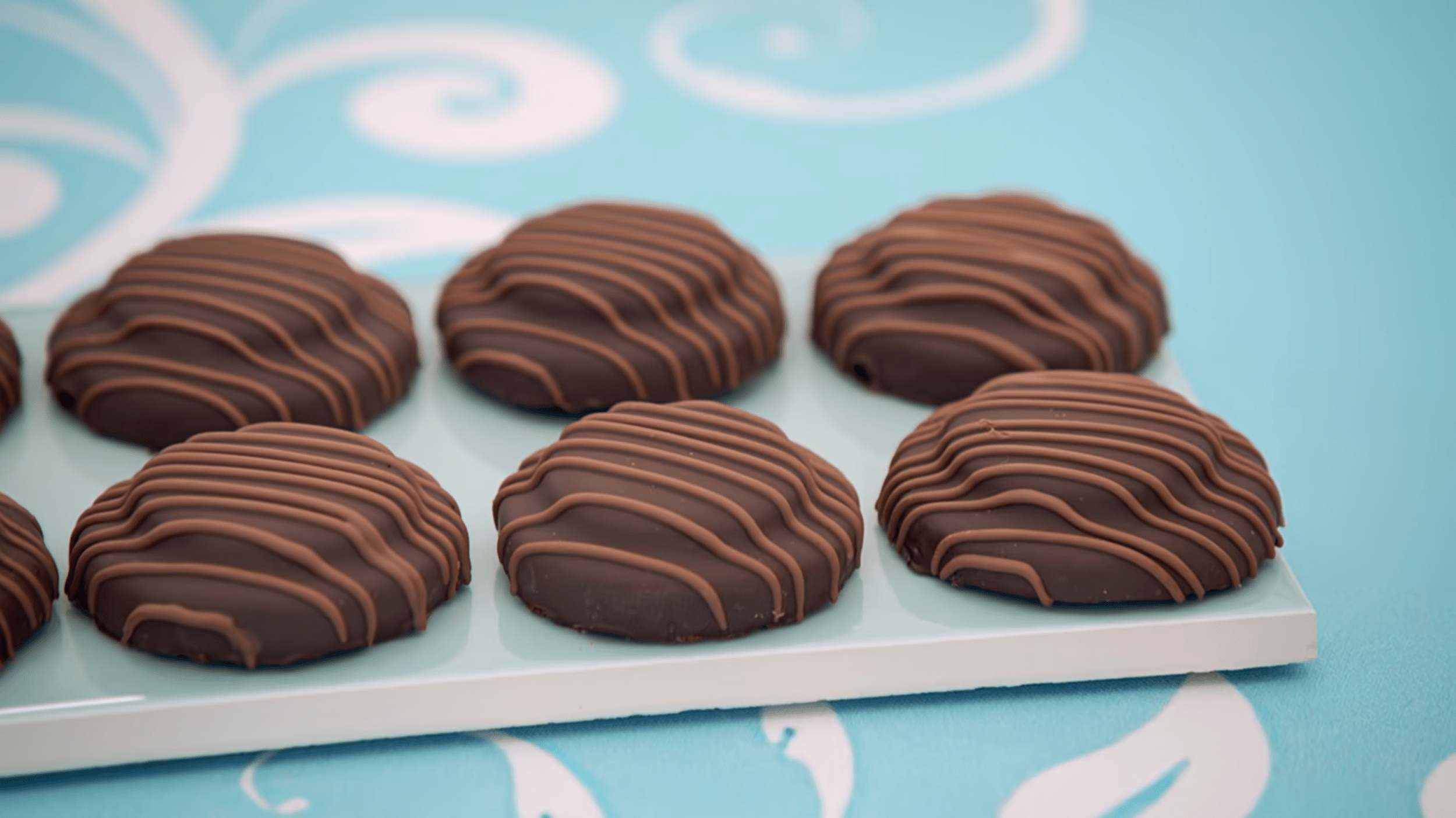 Professionally made mint chocolate biscuits, from the show.