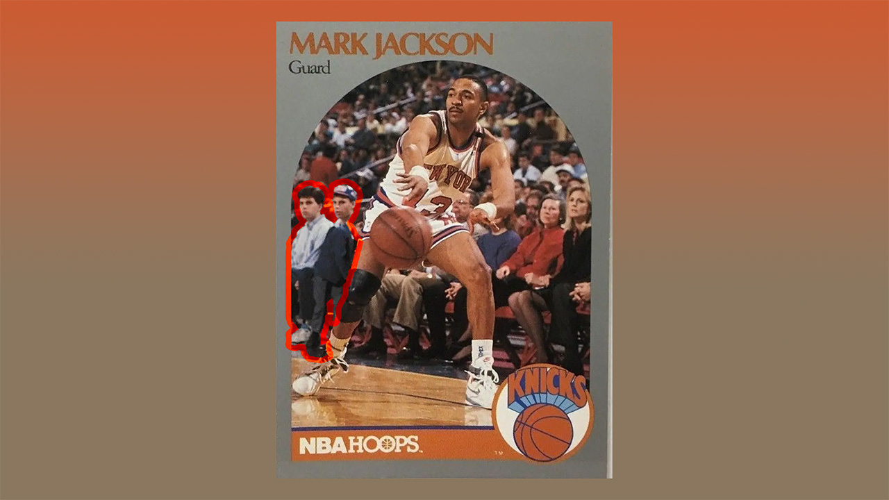 The Mark Jackson 1990-91 NBA Hoops card with the Menendez Brothers courtside in the background