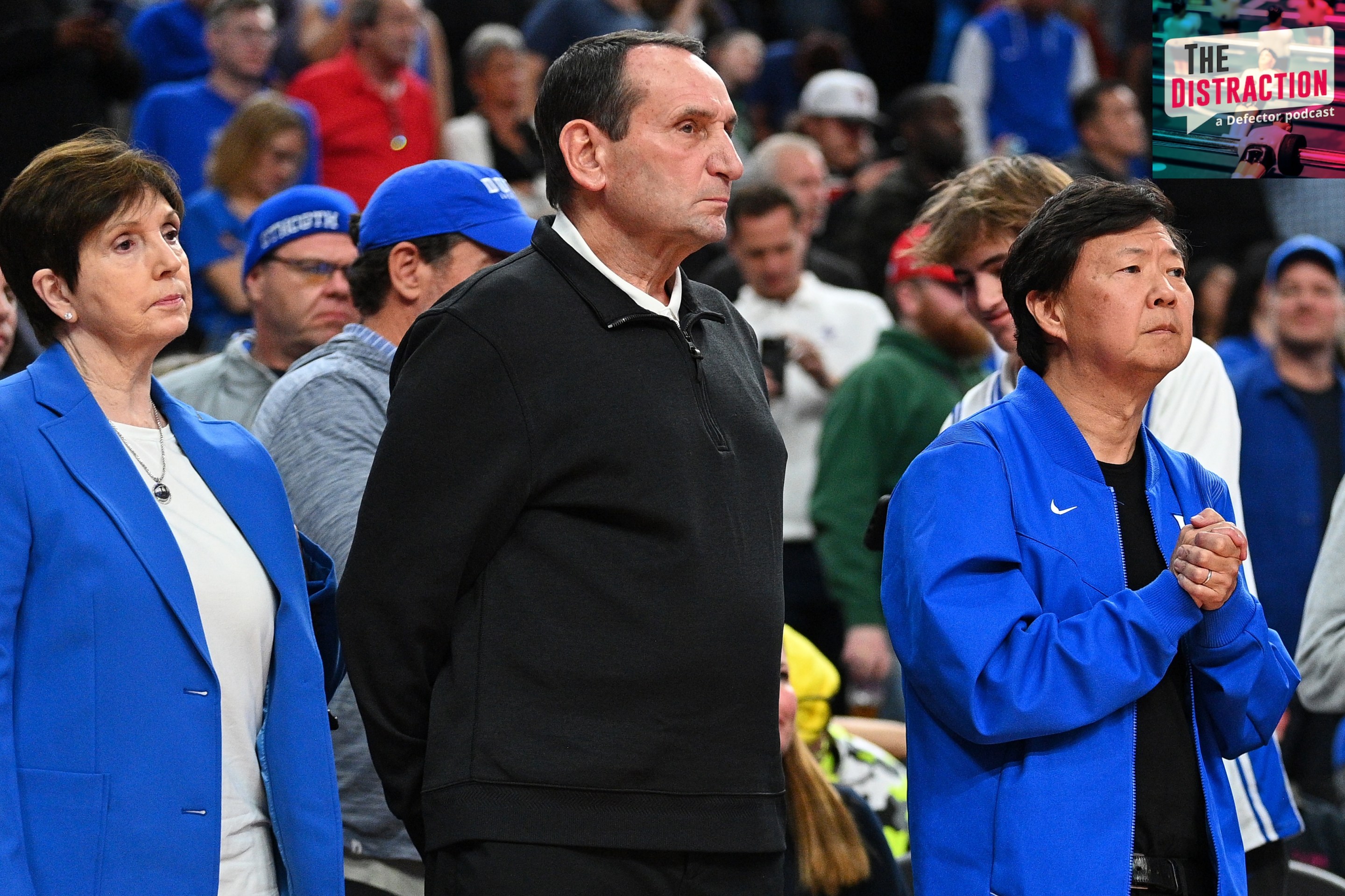 Former Duke Head Coach Mike Krzyzewski, his wife Mickie, and Actor Ken Jeong look on in the final seconds of the Terry's Chocolate Vegas Showdown college basketball game between Duke Blue Devils vs Kansas Jayhawks on November 26, 2024.