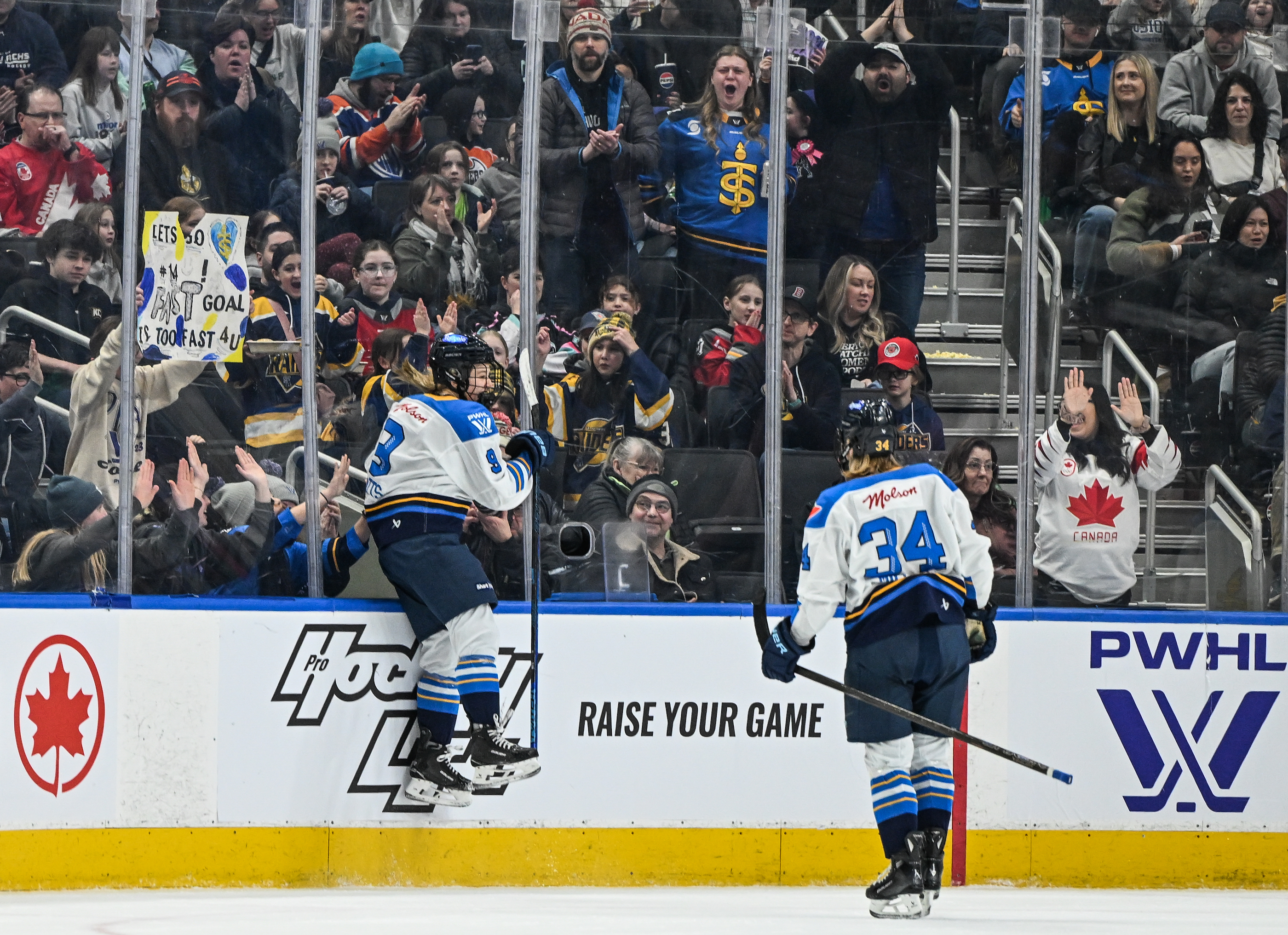 Daryl Watts #9 of the Toronto Sceptres celebrates after scoring the equalizer against the Ottawa Charge during the PWHL Takeover Tour match at Rogers Place Arena in Edmonton, Alberta, Canada, on February 16, 2025.