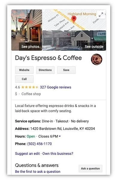 online presence - Day's Espresso Google Business Profile.