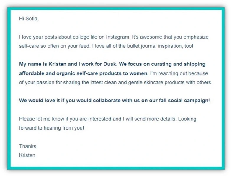 influencer outreach - example content collaboration email