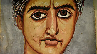 Mummy portrait of a woman from Fauym, Hawara,modern-day Egypt. The portrait was painted in encaustic on wood. Roman, 300-325 CE. The British Museum, London