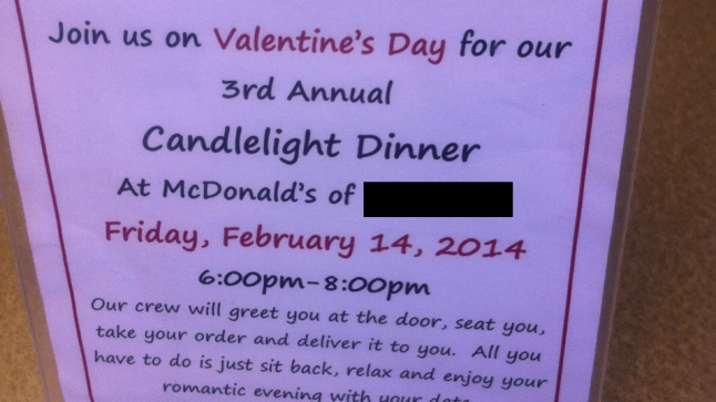 Candlelight dinner for two this Valentine's Day... at McDonald's