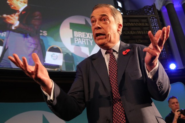 Brexit Party leader Nigel Farage speaking at a meeting to introduce his party's Parliamentary Candidates (PPC) ahead of the upcoming General Election, in Westminster, London. PRESS ASSOCIATION Photo. Picture date: Monday November 4, 2019. See PA story POLITICS Election. Photo credit should read: Yui Mok/PA Wire