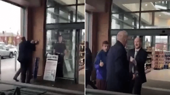 Images of Brexit Party candidate being kicked out of a Morrisons in Denton, Greater Manchester for handing out leaflets head of the 2019 General Election