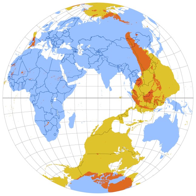 This map shows the antipode of each point on Earth's surface?the points where the blue and yellow overlap are land antipodes; most land has its antipodes in the ocean. This map uses the Lambert azimuthal equal-area projection. The yellow areas are the reflections through the Earth's center of land masses of the opposite (Western) hemisphere. Cities Exact or almost exact antipodes: Christchurch (New Zealand) ? A Coru?a (Spain) Levin (New Zealand) - ?vila (Spain) Hamilton (New Zealand) ? C?rdoba (Spain) Hong Kong ? La Quiaca (Argentina) Lianyungang (China) ? Jun?n (Argentina) Madrid (Spain) ? Weber (New Zealand) Mangawhai (New Zealand) ? Rock of Gibraltar (British overseas territory) Masterton (New Zealand) ? Segovia (Spain) Nelson (New Zealand) ? Mogadouro (Portugal) Padang (Indonesia) ? Esmeraldas (Ecuador) Palembang (Indonesia) ? Neiva (Colombia) Pekanbaru (Indonesia) ? Machachi (Ecuador) Tauranga (New Zealand) ? Ja?n (Spain) Ulan Ude (Russia) ? Puerto Natales (Chile) Wellington (capital of New Zealand) ? Alaejos (Valladolid, Spain) Whangarei (New Zealand) ? Tangier (Morocco) Wuhai (China) ? Valdivia (Chile) Wuhu (China) ? Rafaela (Argentina) To within 100 km (62 mi), with at least one major city (population of at least 1 million): Auckland (New Zealand) ? Seville and M?laga (Andalusia, Spain) Beijing (China) ? Bah?a Blanca (Argentina) Nanjing (China) ? Rosario (Argentina) Shanghai (China) ? Salto (Uruguay) Taipei (Taiwan) ? Asunci?n (Paraguay) Tianjin (China) ? Bah?a Blanca (Argentina) Xi'an (China) ? Santiago, or more precisely Rancagua or San Bernardo (Chile) Taiwan (formerly called Formosa) is partly antipodal to the province of Formosa in Argentina. Other major cities or capitals close to being antipodes: Rio de Janeiro (Brazil) ? Tokyo (Japan); the host cities of successive Summer Olympic Games (2016 and 2020), ~1,450 km (900 mi) Beijing (China) ? Buenos Aires (Argentina); both cities have populations in the millions, and have been twinned since 1983, ~540 km (340 mi) Shanghai (China) ? Buenos Aires (Argentina); Buenos Aires is actually closer (~380 km (240 mi)) to the antipode of Shanghai (Salto, Uruguay) than to the antipode of Beijing (Bah?a Blanca) Tongchuan (China) ? Licant?n (Chile) Bogot? (Colombia) ? Jakarta (Indonesia), ~200 km (120 mi) Guayaquil (Ecuador) ? Medan (Indonesia), ~220 km (140 mi) Phnom Penh (Cambodia) ? Lima (Peru), ~220 km (140 mi) Dili (Timor-Leste) ? Paramaribo (Suriname), ~310 km (190 mi) Irkutsk (Russia) ? Punta Arenas (Chile) Suva (Fiji) ? Timbuktu (Mali) Melbourne and Canberra (Australia) - Azores, Atlantic Ocean (Portugal) Cherbourg (France) ? Antipodes Islands (New Zealand) Pago Pago (American Samoa) ? Zinder (Niger) Barranquilla (Colombia) ? Christmas Island (Australia) Doha (Qatar) ? Pitcairn Island (British overseas territory) Hu? and Da Nang (Vietnam) ? Arequipa (Peru) Manila (Philippines) ? Cuiab? (Brazil) Kuala Lumpur (Malaysia) ? Cuenca (Ecuador) San Juan (Puerto Rico) ? Karratha (Australia) Limerick (Ireland) ? Campbell Islands (New Zealand) Arrecife, Lanzarote (Canary Islands) ? Norfolk Island Sharm el Sheikh (Egypt) ? Rapa Iti (French Polynesia) Bangkok (Thailand) ? Lima (Peru) Quito (Ecuador) ? Singapore Perth (Australia) ? Hamilton (Bermuda) Montevideo (Uruguay) ? Gwangju (South Korea)