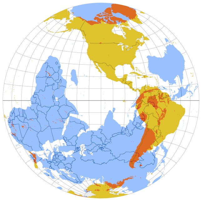 This map shows the antipode of each point on Earth's surface?the points where the blue and yellow overlap are land antipodes; most land has its antipodes in the ocean. This map uses the Lambert azimuthal equal-area projection. The yellow areas are the reflections through the Earth's center of land masses of the opposite (Western) hemisphere. Cities Exact or almost exact antipodes: Christchurch (New Zealand) ? A Coru?a (Spain) Levin (New Zealand) - ?vila (Spain) Hamilton (New Zealand) ? C?rdoba (Spain) Hong Kong ? La Quiaca (Argentina) Lianyungang (China) ? Jun?n (Argentina) Madrid (Spain) ? Weber (New Zealand) Mangawhai (New Zealand) ? Rock of Gibraltar (British overseas territory) Masterton (New Zealand) ? Segovia (Spain) Nelson (New Zealand) ? Mogadouro (Portugal) Padang (Indonesia) ? Esmeraldas (Ecuador) Palembang (Indonesia) ? Neiva (Colombia) Pekanbaru (Indonesia) ? Machachi (Ecuador) Tauranga (New Zealand) ? Ja?n (Spain) Ulan Ude (Russia) ? Puerto Natales (Chile) Wellington (capital of New Zealand) ? Alaejos (Valladolid, Spain) Whangarei (New Zealand) ? Tangier (Morocco) Wuhai (China) ? Valdivia (Chile) Wuhu (China) ? Rafaela (Argentina) To within 100 km (62 mi), with at least one major city (population of at least 1 million): Auckland (New Zealand) ? Seville and M?laga (Andalusia, Spain) Beijing (China) ? Bah?a Blanca (Argentina) Nanjing (China) ? Rosario (Argentina) Shanghai (China) ? Salto (Uruguay) Taipei (Taiwan) ? Asunci?n (Paraguay) Tianjin (China) ? Bah?a Blanca (Argentina) Xi'an (China) ? Santiago, or more precisely Rancagua or San Bernardo (Chile) Taiwan (formerly called Formosa) is partly antipodal to the province of Formosa in Argentina. Other major cities or capitals close to being antipodes: Rio de Janeiro (Brazil) ? Tokyo (Japan); the host cities of successive Summer Olympic Games (2016 and 2020), ~1,450 km (900 mi) Beijing (China) ? Buenos Aires (Argentina); both cities have populations in the millions, and have been twinned since 1983, ~540 km (340 mi) Shanghai (China) ? Buenos Aires (Argentina); Buenos Aires is actually closer (~380 km (240 mi)) to the antipode of Shanghai (Salto, Uruguay) than to the antipode of Beijing (Bah?a Blanca) Tongchuan (China) ? Licant?n (Chile) Bogot? (Colombia) ? Jakarta (Indonesia), ~200 km (120 mi) Guayaquil (Ecuador) ? Medan (Indonesia), ~220 km (140 mi) Phnom Penh (Cambodia) ? Lima (Peru), ~220 km (140 mi) Dili (Timor-Leste) ? Paramaribo (Suriname), ~310 km (190 mi) Irkutsk (Russia) ? Punta Arenas (Chile) Suva (Fiji) ? Timbuktu (Mali) Melbourne and Canberra (Australia) - Azores, Atlantic Ocean (Portugal) Cherbourg (France) ? Antipodes Islands (New Zealand) Pago Pago (American Samoa) ? Zinder (Niger) Barranquilla (Colombia) ? Christmas Island (Australia) Doha (Qatar) ? Pitcairn Island (British overseas territory) Hu? and Da Nang (Vietnam) ? Arequipa (Peru) Manila (Philippines) ? Cuiab? (Brazil) Kuala Lumpur (Malaysia) ? Cuenca (Ecuador) San Juan (Puerto Rico) ? Karratha (Australia) Limerick (Ireland) ? Campbell Islands (New Zealand) Arrecife, Lanzarote (Canary Islands) ? Norfolk Island Sharm el Sheikh (Egypt) ? Rapa Iti (French Polynesia) Bangkok (Thailand) ? Lima (Peru) Quito (Ecuador) ? Singapore Perth (Australia) ? Hamilton (Bermuda) Montevideo (Uruguay) ? Gwangju (South Korea)