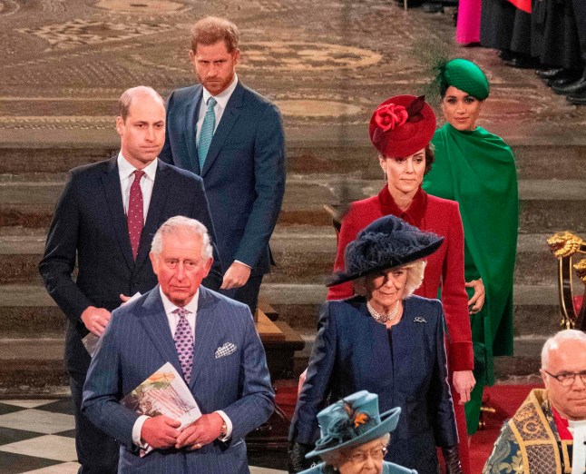 (FILES) In this file photo taken on March 09, 2020 Britain's Prince William, Duke of Cambridge (L), Britain's Prince Charles, Prince of Wales (2nd L), Britain's Prince Harry, Duke of Sussex (3rd L), Britain's Camilla, Duchess of Cornwall (3rd R), Britain's Catherine, Duchess of Cambridge (2nd R) and Britain's Meghan, Duchess of Sussex (R) depart Westminster Abbey after attending the annual Commonwealth Service in London on March 9, 2020. - Prince Charles, the eldest son and heir to Queen Elizabeth II, is showing mild symptoms of the new coronavirus but "otherwise remains in good health", his office said on March 25. The 71-year-old is self-isolating in Scotland along with his wife Camilla, who was also tested but does not have COVID-19, Clarence House said. (Photo by Phil Harris / POOL / AFP) (Photo by PHIL HARRIS/POOL/AFP via Getty Images)