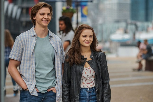 This image released by Netflix shows Joel Courtney, left, and Joey King in a scene from "The Kissing Booth 2." (Marcos Cruz/Netflix via AP)