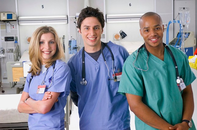 Sarah Chalke as Dr. Elliot Reid, Zach Braff as Dr. John 'J.D.' Dorian, Donald Faison as Dr. Chris Turk (Photo by Chris Haston/NBCU Photo Bank/NBCUniversal via Getty Images)