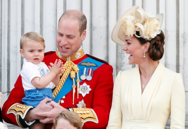 LONDON, UNITED KINGDOM - JUNE 08: (EMBARGOED FOR PUBLICATION IN UK NEWSPAPERS UNTIL 24 HOURS AFTER CREATE DATE AND TIME) Prince William, Duke of Cambridge, Catherine, Duchess of Cambridge and Prince Louis of Cambridge stand on the balcony of Buckingham Palace during Trooping The Colour, the Queen's annual birthday parade, on June 8, 2019 in London, England. The annual ceremony involving over 1400 guardsmen and cavalry, is believed to have first been performed during the reign of King Charles II. The parade marks the official birthday of the Sovereign, although the Queen's actual birthday is on April 21st. (Photo by Max Mumby/Indigo/Getty Images)