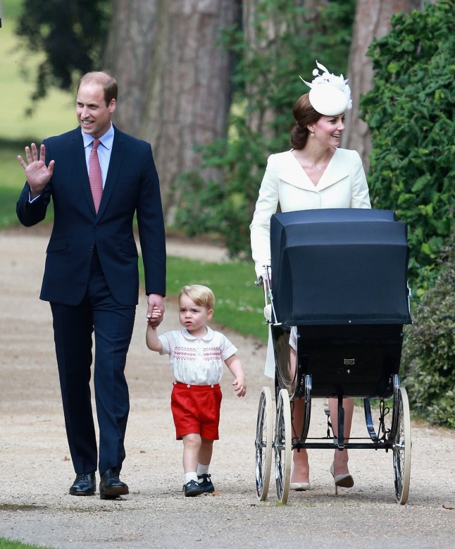 File photo dated 05/07/15 of the Duke and Duchess of Cambridge with Prince George and Princess Charlotte pushed to her christening at the Church of St Mary Magdalene in Sandringham, Norfolk. The Duchess of Cambridge will have spent a decade as an HRH when she and the Duke of Cambridge mark their 10th wedding anniversary on Thursday. Issue date: Wednesday April 28, 2021. PA Photo. See PA story ROYAL Kate 10Photos. Photo credit should read: Chris Jackson/PA Wire