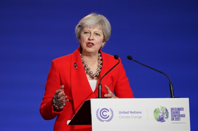 GLASGOW, SCOTLAND - NOVEMBER 06: Theresa May speaks on day seven of COP26 at SECC on November 6, 2021 in Glasgow, United Kingdom. Today COP26 will focus on ensuring the importance of nature and sustainable land use are part of global action on climate change and a clean, green recovery. The 2021 climate summit in Glasgow is the 26th "Conference of the Parties" and represents a gathering of all the countries signed on to the U.N. Framework Convention on Climate Change and the Paris Climate Agreement. The aim of this year's conference is to commit countries to net-zero carbon emissions by 2050. (Photo by Ian Forsyth/Getty Images)