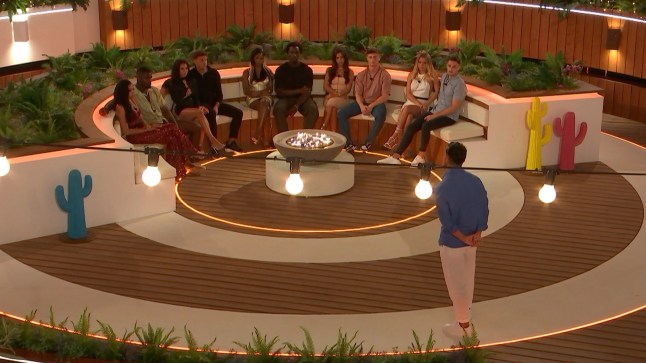 From Lifted Entertainment Love Island: SR8: Ep2 on ITV2 and ITV Hub Pictured: The Islanders gather at the fire pit for Davide?s decision. This photograph is (C) ITV Plc and can only be reproduced for editorial purposes directly in connection with the programme or event mentioned above, or ITV plc. Once made available by ITV plc Picture Desk, this photograph can be reproduced once only up until the transmission [TX] date and no reproduction fee will be charged. Any subsequent usage may incur a fee. This photograph must not be manipulated [excluding basic cropping] in a manner which alters the visual appearance of the person photographed deemed detrimental or inappropriate by ITV plc Picture Desk. This photograph must not be syndicated to any other company, publication or website, or permanently archived, without the express written permission of ITV Picture Desk. Full Terms and conditions are available on the website www.itv.com/presscentre/itvpictures/terms For further information please contact: james.hilder@itv.com