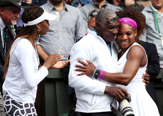 LONDON, ENGLAND - JULY 07: Serena Williams (R) of the USA celebrates with her father Richard Williams and sister Venus Williams after her Ladies??? Singles final match against Agnieszka Radwanska of Poland on day twelve of the Wimbledon Lawn Tennis Championships at the All England Lawn Tennis and Croquet Club on July 7, 2012 in London, England. (Photo by Julian Finney/Getty Images)