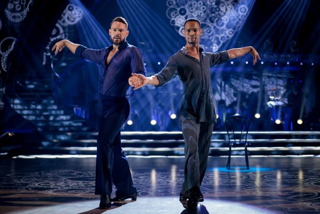 For use in UK, Ireland or Benelux countries only Undated BBC handout photo of Johannes Radebe and John Whaite during the final of Strictly Come Dancing 2021. Issue date: Saturday December 18, 2021. PA Photo. See PA story SHOWBIZ Strictly. Photo credit should read: Guy Levy/BBC/PA Wire NOTE TO EDITORS: Not for use more than 21 days after issue. You may use this picture without charge only for the purpose of publicising or reporting on current BBC programming, personnel or other BBC output or activity within 21 days of issue. Any use after that time MUST be cleared through BBC Picture Publicity. Please credit the image to the BBC and any named photographer or independent programme maker, as described in the caption.