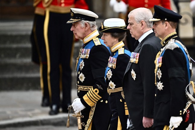 Britain's King Charles III, Britain's Princess Anne, Princess Royal, Britain's Prince Andrew, Duke of York and Britain's Prince Edward, Earl of Wessex arrive at Westminster Abbey in London on September 19, 2022, for the State Funeral Service for Britain's Queen Elizabeth II. - Leaders from around the world will attend the state funeral of Queen Elizabeth II. The country's longest-serving monarch, who died aged 96 after 70 years on the throne, will be honoured with a state funeral on Monday morning at Westminster Abbey. (Photo by Marco BERTORELLO / AFP) (Photo by MARCO BERTORELLO/AFP via Getty Images)