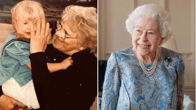 Jess Austin with her grandmother (L) and Queen Elizabeth (R)