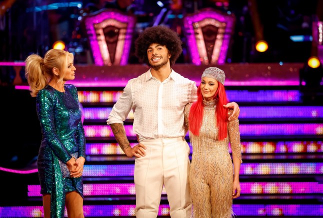 EMBARGOED TO 2000 SUNDAY NOVEMBER 20 For use in UK, Ireland or Benelux countries only BBC handout photo of presenter Tess Daly with Tyler West and Dianne Buswell during the results show of Strictly Come Dancing on BBC1. Picture date: Sunday November 20, 2022. See PA story SHOWBIZ Strictly. Photo credit should read: Guy Levy/BBC/PA Wire NOTE TO EDITORS: Not for use more than 21 days after issue. You may use this picture without charge only for the purpose of publicising or reporting on current BBC programming, personnel or other BBC output or activity within 21 days of issue. Any use after that time MUST be cleared through BBC Picture Publicity. Please credit the image to the BBC and any named photographer or independent programme maker, as described in the caption.