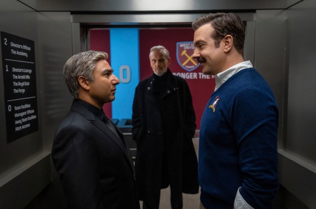 This image released by Apple TV+ shows Nick Mohammed, from left, Anthony Head and Jason Sudeikis in a scene from "Ted Lasso." (Colin Hutton/Apple TV+ via AP)