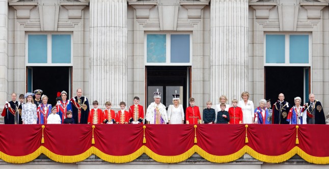 LONDON, UNITED KINGDOM - MAY 06: (EMBARGOED FOR PUBLICATION IN UK NEWSPAPERS UNTIL 24 HOURS AFTER CREATE DATE AND TIME) Prince Edward, Duke of Edinburgh, James, Earl of Wessex, Lady Louise Windsor, Vice Admiral Sir Timothy Laurence, Sophie, Duchess of Edinburgh, Princess Charlotte of Wales, Catherine, Princess of Wales, Prince Louis of Wales, Prince William, Prince of Wales, Page of Honour Ralph Tollemache, Prince George of Wales (in his role as Page of Honour), Page of Honour Lord Oliver Cholmondeley, Page of Honour Nicholas Barclay, King Charles III, Queen Camilla, Page of Honour Freddy Parker Bowles, Page of Honour Gus Lopes, Page of Honour Arthur Elliot, The Queen's Companion Annabel Elliot, Page of Honour Louis Lopes, The Queen's Companion Fiona Shelburne Marchioness of Lansdowne, Princess Alexandra, Prince Edward, Duke of Kent, Birgitte, Duchess of Gloucester and Prince Richard, Duke of Gloucester watch an RAF flypast from the balcony of Buckingham Palace following the Coronation of King Charles III & Queen Camilla at Westminster Abbey on May 6, 2023 in London, England. The Coronation of Charles III and his wife, Camilla, as King and Queen of the United Kingdom of Great Britain and Northern Ireland, and the other Commonwealth realms takes place at Westminster Abbey today. Charles acceded to the throne on 8 September 2022, upon the death of his mother, Elizabeth II. (Photo by Max Mumby/Indigo/Getty Images)