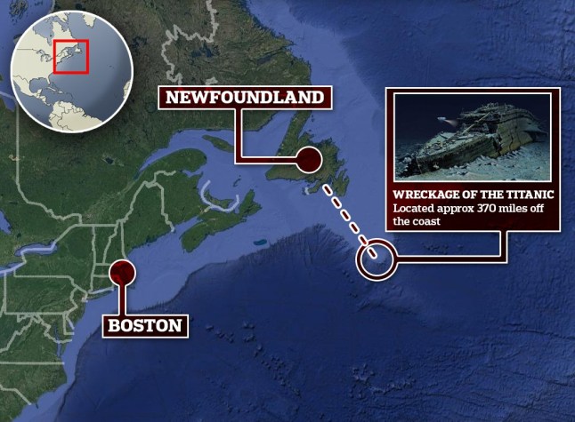 NEWFOUNDLAND CANADA MAP GRAPHIC MISSING SUB VESSEL TITANIC EXPEDITION The Boston Coastguard is now looking for the missing vessel. The wreckage of the iconic ship sits 12,500ft underwater around 370 miles from Newfoundland, Canada A frantic marine search is underway for a missing tourist submersible which has not been seen since it launched to take five people to the Titanic wreckage yesterday morning. The Boston Coastguard and Canadian Coastguard are both now looking for the missing vessel that is operated by tour company OceanGate Expeditions. The wreckage of the iconic ship sits 12,500ft- 2.5 miles - underwater around 370 miles from Newfoundland, Canada. OceanGate Expeditions is thought to be the only company that offers the tours. As of 1pm Monday, the sub had just 72 hours of oxygen left, according to the US Coast Guard Admiral leading the coordinated effort to find it. Among those onboard is British billionaire Hamish Harding. He posted excitedly on Instagram about being able to commence the dive after a bout of bad weather in Newfoundland.