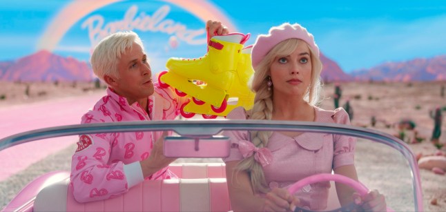 This mage released by Warner Bros. Pictures showsRyan Gosling, left, and Margot Robbie in a scene from "Barbie." (Warner Bros. Pictures via AP)