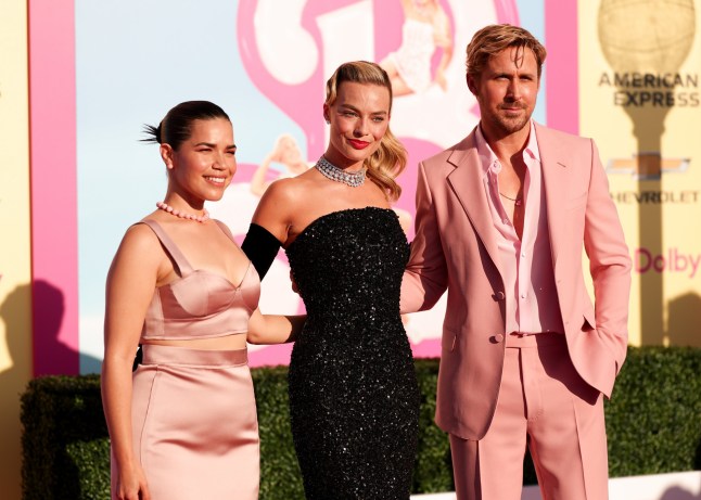 America Ferrera, Margot Robbie, and Ryan Gosling at the premiere of "Barbie" held at Shrine Auditorium and Expo Hall on July 9, 2023 in Los Angeles, California. (Photo by Christopher Polk/WWD via Getty Images)