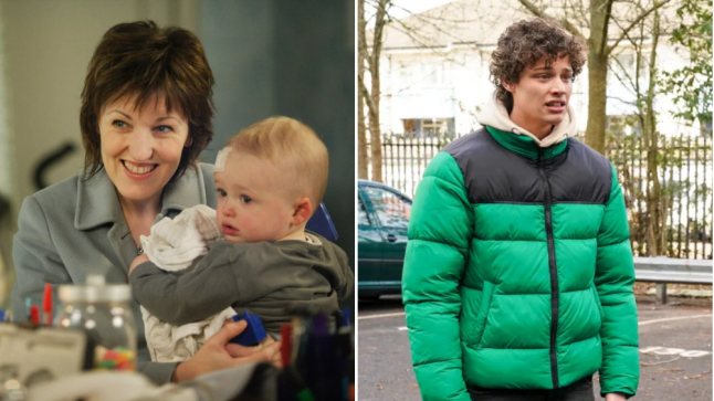 Little Mo holding baby Freddie and Freddie stood outside his old school