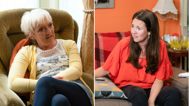 Jean and Stacey talk about Lily in the living room at the Slater household in EastEnders