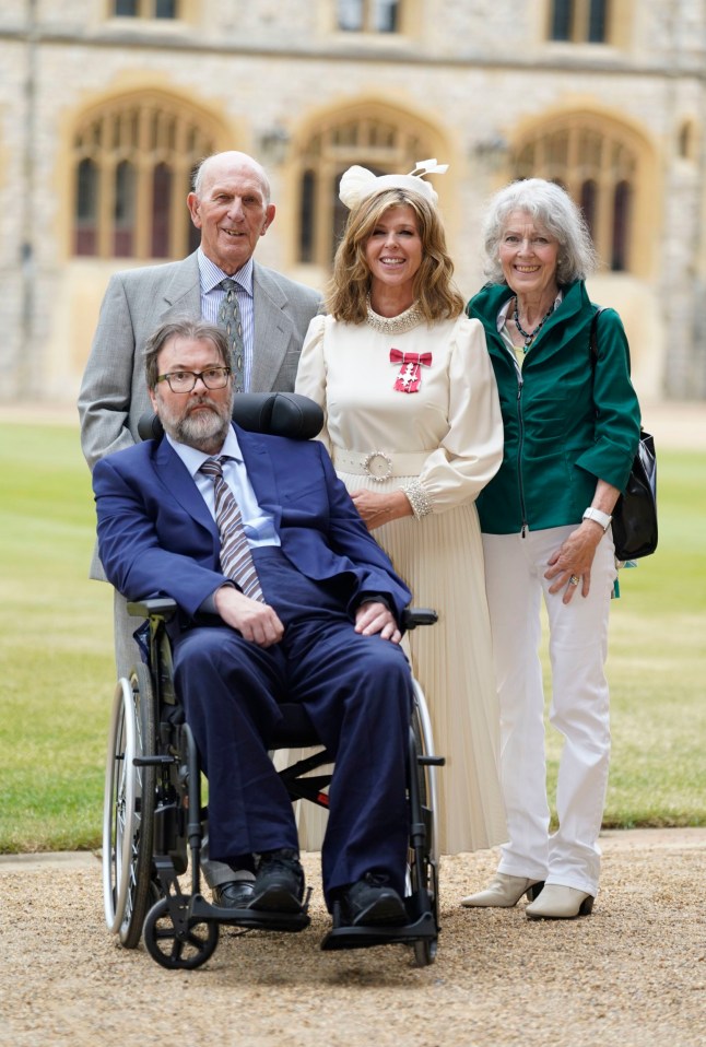 Kate Garraway, with her husband Derek Draper and her parents Gordon and Marilyn Garraway, after being made a Member of the Order of the British Empire for her services to broadcasting, journalism and charity by the Prince of Wales during an investiture ceremony at Windsor Castle, Berkshire. Picture date: Wednesday June 28, 2023. PA Photo. See PA story ROYAL Investiture. Photo credit should read: Andrew Matthews/PA Wire