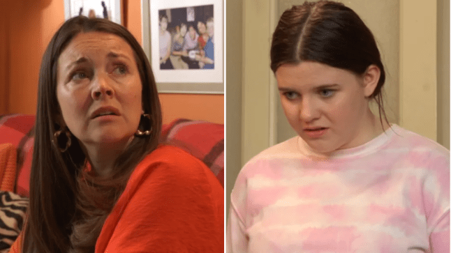 Stacey looks sadly up at angry Lily in EastEnders