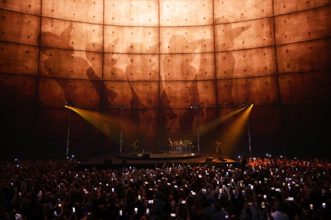 LAS VEGAS, NEVADA - SEPTEMBER 29: (Exclusive Coverage) Bono, The Edge, Adam Clayton and Bram van den Berg of U2 perform during opening night of U2:UV Achtung Baby Live at Sphere on September 29, 2023 in Las Vegas, Nevada. (Photo by Kevin Mazur/Getty Images for Live Nation)