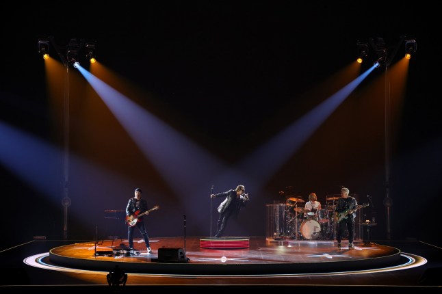 LAS VEGAS, NEVADA - SEPTEMBER 29: (Exclusive Coverage) Bono, The Edge, Adam Clayton and Bram van den Berg of U2 perform during opening night of U2:UV Achtung Baby Live at Sphere on September 29, 2023 in Las Vegas, Nevada. (Photo by Kevin Mazur/Getty Images for Live Nation)