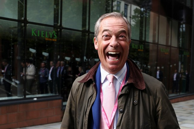 Nigel Farage, former member of the European Parliament reacts as he arrives at Britain's Conservative Party's annual conference in Manchester, Britain, October 2, 2023. REUTERS/Toby Melville