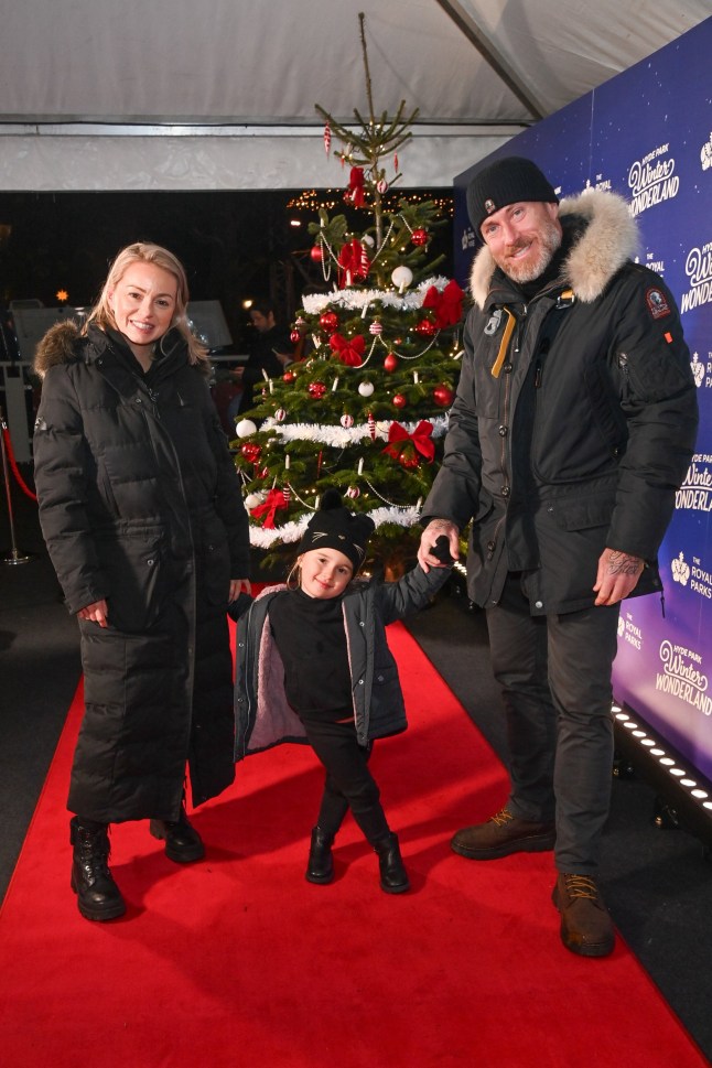 LONDON, ENGLAND - NOVEMBER 16: Ola Jordan and James Jordan with their daughter as they attend the opening night of Winter Wonderland at Hyde Park on November 16, 2023 in London, England. (Photo by Dave Benett/Getty Images for Winter Wonderland)