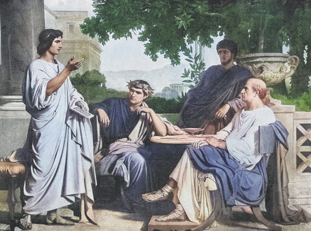 Old engraved illustration of Virgil, Horace and Varius at the house of Maecenas