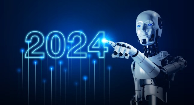 3d rendering AI robot humanoid touching on 2024 calendar year number, glowing on dark blue background. Happy new year, Business growth and technology development with artificial intelligence.