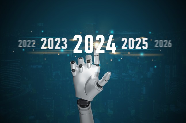 Happy New Year 2024 Robot hand touch on a virtual screen 2024. AI and innovation future growth year 2024.New technology trends. innovation and technology transformation in business and industry.