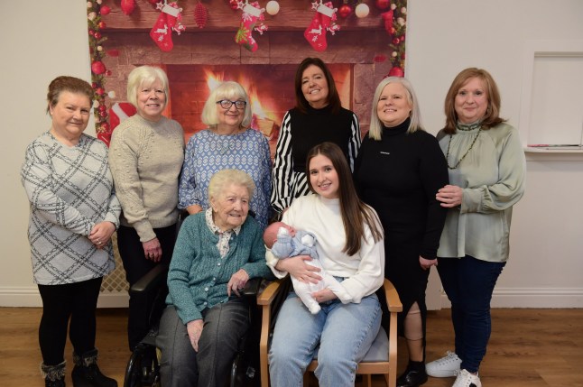 For most families, having one or two grannies on hand to help when a new baby arrives is a blessing. Rayna McMillan and Ross McLeod?s newborn son, Evan McLeod, has SEVEN. Caption: (Back row l-r) Great-gran Maggie McMillan, great-gran Morag Whipp, great-great-gran Margaret Hainie, grandmother Audrey McLeod, grandmother Tracy McMillan and great-gran Delia Hunter; (front row l-r) Great-great gran Martha Whipp, baby Evan McLeod and mum Rayna McMillan