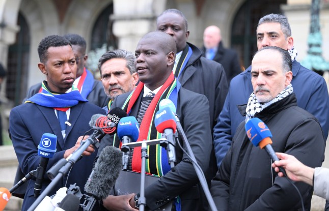 THE HAGUE, NETHERLANDS - JANUARY 11: Minister of Justice and Correctional Services of South Africa Ronald Lamola answers the questions of press members related to the public hearings of South Africa's genocide case against Israel at the International Court of Justice (ICJ) in The Hague, Netherlands on January 11, 2024. (Photo by Dursun Aydemir/Anadolu via Getty Images)