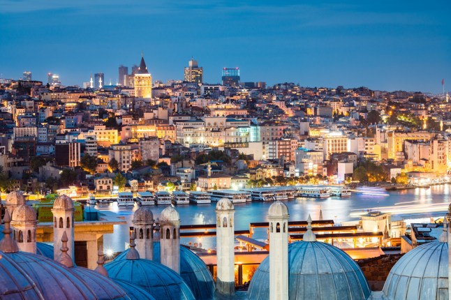 Galata tower and city at night, Istanbul, Turkey