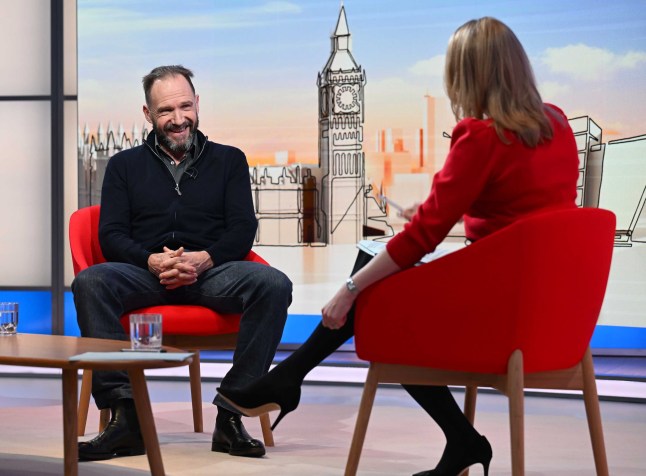 For use in UK, Ireland or Benelux countries only BBC handout photo of actor Ralph Fiennes appearing on the BBC 1 current affairs programme, Sunday With Laura Kuenssberg. Picture date: Sunday February 11, 2024. PA Photo. See PA story SHOWBIZ Fiennes. Photo credit should read: Jeff Overs/BBC/PA Wire NOTE TO EDITORS: Not for use more than 21 days after issue. You may use this picture without charge only for the purpose of publicising or reporting on current BBC programming, personnel or other BBC output or activity within 21 days of issue. Any use after that time MUST be cleared through BBC Picture Publicity. Please credit the image to the BBC and any named photographer or independent programme maker, as described in the caption.