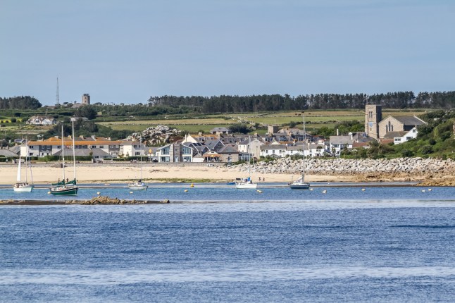 Porthcressa Beach and Hugh Town, St Mary's, Isles of Scilly, Cornwall, South West, United Kingdom